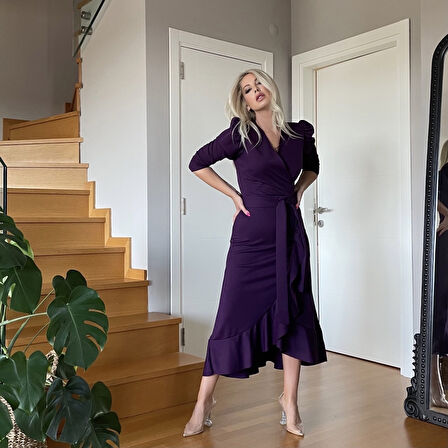 Gökyüzü Moda Krep Kumaş Midi Boy Kuşaklı Uzunkol Elbise