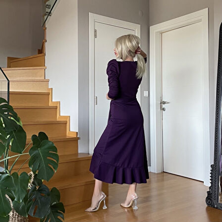 Gökyüzü Moda Krep Kumaş Midi Boy Kuşaklı Uzunkol Elbise