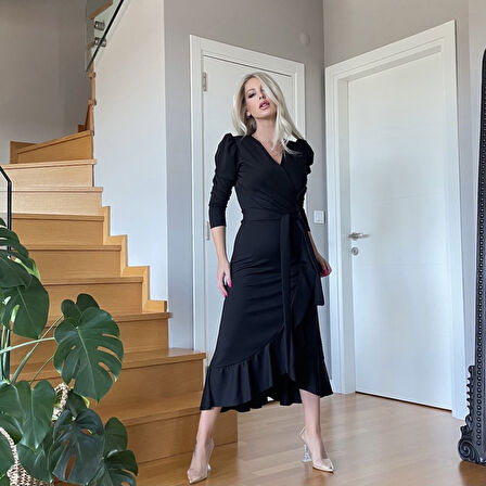 Gökyüzü Moda Krep Kumaş Midi Boy Kuşaklı Uzunkol Elbise 113 Cm