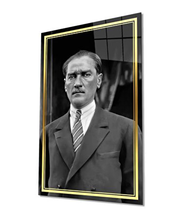 Gold Şerit Siyah Beyaz Takım Elbiseli Atatürk Cam Tablo, Uv Baskılı ve Temperli, Hediyelik