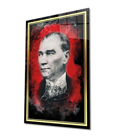 Gold Şerit Kırmızı Siyah Fonlu Atatürk Cam Tablo, Uv Baskılı ve Temperli, Hediyelik