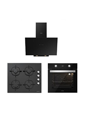 Silverline Siyah Cam Ankastre Set (3481 Flam 60+cs5335b02+bo6504b01)