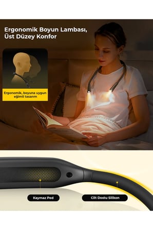Boyun Askılı Kitap Okuma Işığı - 5 Renk 5 Parlaklık Ayarlı USB Şarjlı Kitap Lambası Silikon Siyah