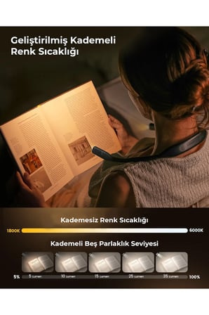 Boyun Askılı Kitap Okuma Işığı - 5 Renk 5 Parlaklık Ayarlı USB Şarjlı Kitap Lambası Silikon Siyah