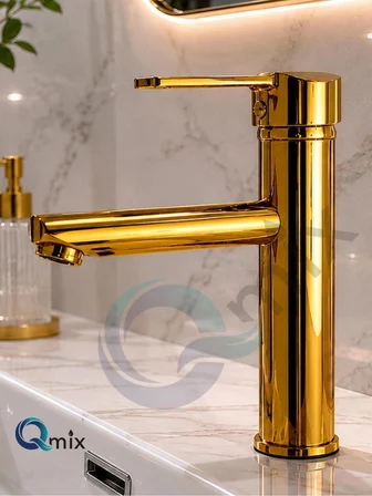 Lüks Parlak Gold Sabit Mix Aç Kapa Kısa Banyo Lavabo Bataryası – Komple Pirinç, Dayanıklı, Modern Tasarım