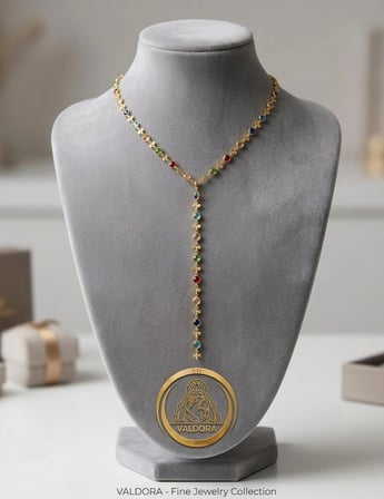 VALDORA VD Kadın Gold Kurdele Detaylı Çok Renkli Zirkon Taşlı Lariat Model Kolye