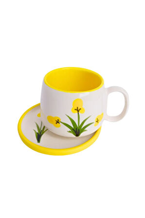 Sarı Gelincik Desenli Tabaklı Double Seramik El Yapımı Kupa, Seramik Kupa, Handmade, Kahve Kupası