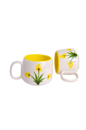 Sarı Gelincik Desenli Tabaklı Double Seramik El Yapımı Kupa, Seramik Kupa, Handmade, Kahve Kupası
