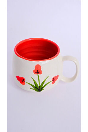 Kırmızı Gelincik Desenli Tabaklı Double Seramik El Yapımı Kupa, Seramik Kupa, Handmade, Kahve Kupası