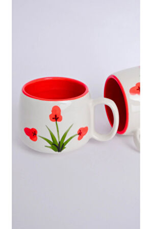 Kırmızı Gelincik Desenli El Yapımı Double Seramik Kupa, Seramik Kupa, Mug, Nescafe Kupası, Handmade