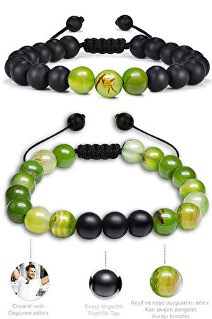 Sertifikalı Doğal Yeşil Akik Oniks Taşı Doğal Taş Bileklik Seti