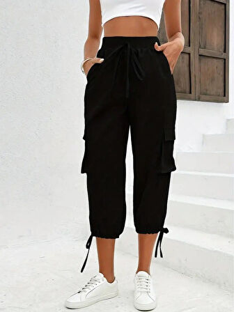gelirr Kadın Yüksek Bel Beli Lastikli Bağcıklı Cepli Kargo Viskon Iki Iplik Pantolon