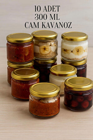 10 Adet 300 ml Metal Gold Altın Konserve Kapaklı Magnolya ve Gıda Saklama 300 cc Şeffaf Cam Kavanoz