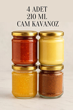 4 Adet 210 ml Metal Gold Altın Konserve Kapaklı Mama Yoğurt Saklama 210 Cc Şeffaf Cam Kavanoz