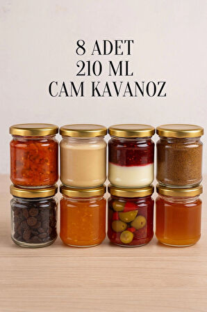 8 Adet 210 ml Metal Gold Altın Konserve Kapaklı Mama Yoğurt Saklama 210 Cc Şeffaf Cam Kavanoz