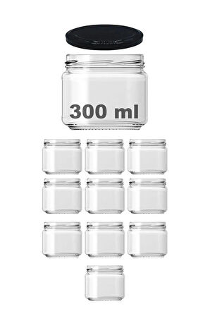 10 Adet 300 ml Metal Siyah Konserve Kapaklı Magnolya ve Gıda Saklama 300 cc Şeffaf Cam Kavanoz