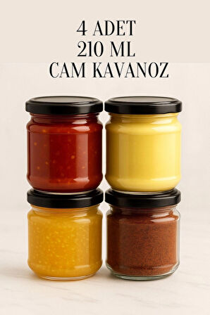 4 Adet 210 ml Metal Siyah Konserve Kapaklı Mama Yoğurt Saklama 210 Cc Şeffaf Cam Kavanoz