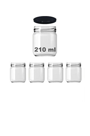 4 Adet 210 ml Metal Siyah Konserve Kapaklı Mama Yoğurt Saklama 210 Cc Şeffaf Cam Kavanoz