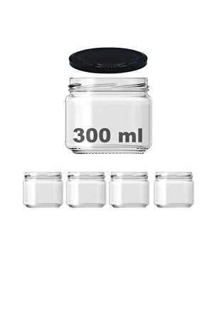 4 Adet 300 ml Metal Siyah Konserve Kapaklı Magnolya ve Gıda Saklama 300 cc Şeffaf Cam Kavanoz