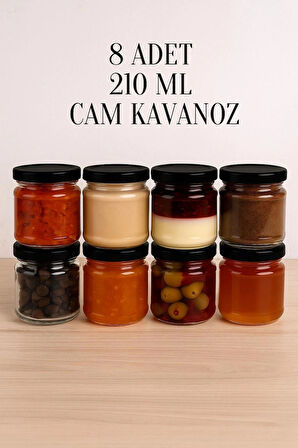 8 Adet 210 ml Metal Siyah Konserve Kapaklı Mama Yoğurt Saklama 210 Cc Şeffaf Cam Kavanoz
