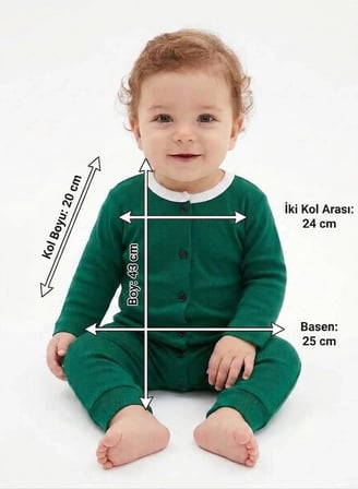 Yeşil Düğmeli Bebek Tulum - Bisiklet Yaka Düz Kesim Uzun Kollu Bebek Romper