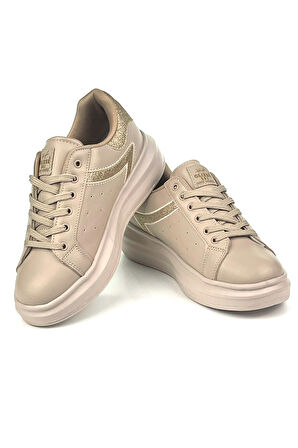 Kadın Bej Simli Rahat Günlük Sneaker Spor Ayakkabı