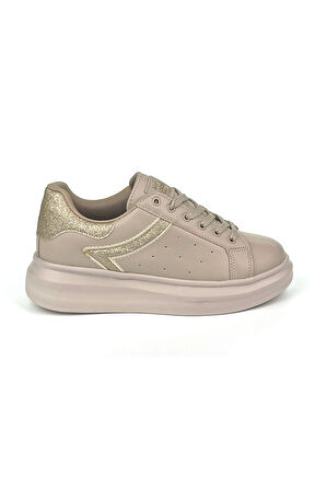 Kadın Bej Simli Rahat Günlük Sneaker Spor Ayakkabı