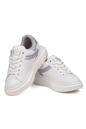 Kadın Beyaz Gümüş Simli Rahat Günlük Sneaker Spor Ayakkabı