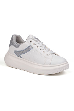 Kadın Beyaz Gümüş Simli Rahat Günlük Sneaker Spor Ayakkabı