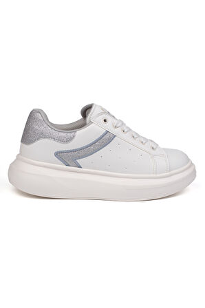 Kadın Beyaz Gümüş Simli Rahat Günlük Sneaker Spor Ayakkabı