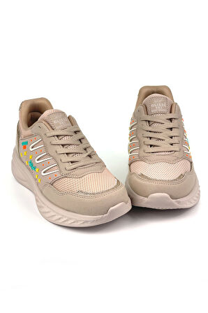 Kadın Bej Fileli Günlük Rahat Sneaker Spor Ayakkabı