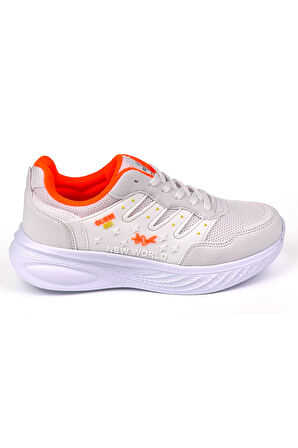 Kadın Beyaz Oranj Fileli Günlük Rahat Sneaker Spor Ayakkabı