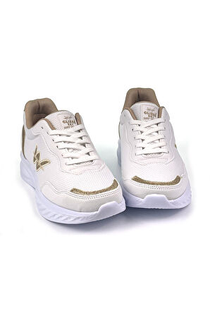Kadın Beyaz Altın Hafif Fileli Günlük Rahat Sneaker Spor Ayakkabı