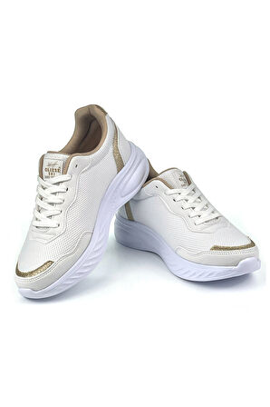 Kadın Beyaz Altın Hafif Fileli Günlük Rahat Sneaker Spor Ayakkabı