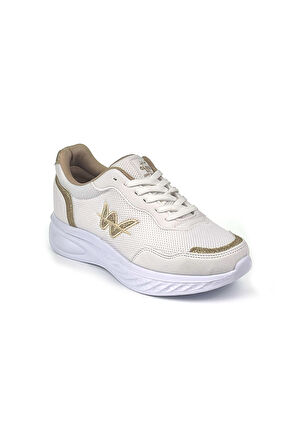 Kadın Beyaz Altın Hafif Fileli Günlük Rahat Sneaker Spor Ayakkabı