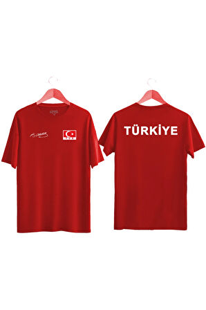 TÜRKİYE Yazılı Atatürk imzalı Türk Bayrağı Baskılı Tişört Ayyıldızlı T-shirt