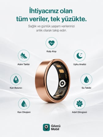 Gözcü Mobil Akıllı Yüzük Sağlık Egzersiz Takibi Adım Sayar Kalp Atışı Kan Basınç Oksijen Ölçer Su Takibi Adet Döngüsü Uyku Takibi Cihazı Suya Dayanıklı Altın Renk