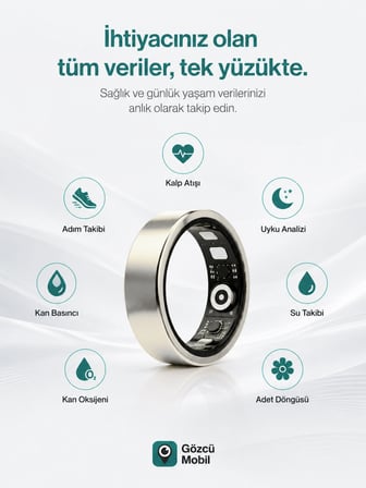 Gözcü Mobil Akıllı Yüzük Sağlık Egzersiz Takibi Adım Sayar Kalp Atışı Kan Basınç Oksijen Ölçer Su Takibi Adet Döngüsü Uyku Takibi Cihazı Suya Dayanıklı Gümüş Renk