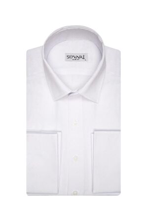 Süvari Erkek Beyaz Slim Fit Armür Desenli Manşetli Gömlek