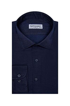 Süvari Slim Fit Armür Desenli Lacivert Erkek Gömlek