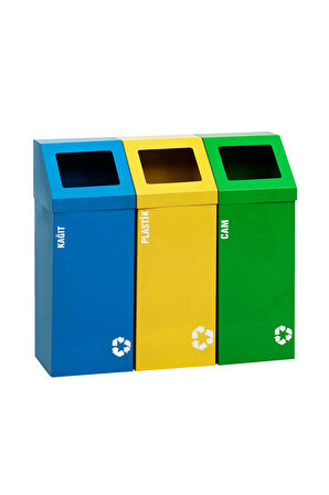 Metal 3'lü Geri Dönüşüm Sıfır Atık Kutusu Elektrostatik Toz Boyalı (Plastik-Kağıt-Cam)