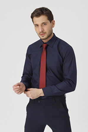 Erkek Lacivert Slim Fit Dar Kalıp Klasik Gömlek