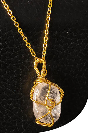 Sertifikalı Gold Tel Sargılı Kristal Kuvars Taşı Kolye