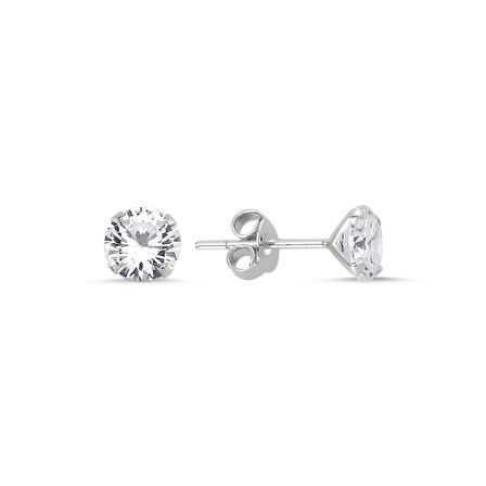 6mm Yuvarlak Zirkon Gümüş Kadın Küpe