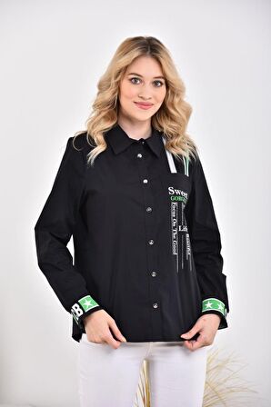 Baskılı ve Taşlı Şeritli Kol Ağzı Lastikli Kadın Siyah Gömlek