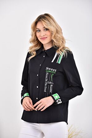 Baskılı ve Taşlı Şeritli Kol Ağzı Lastikli Kadın Siyah Gömlek