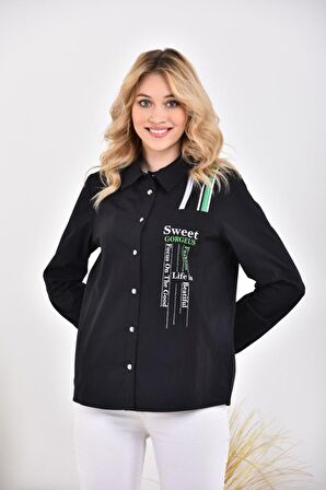 Baskılı ve Taşlı Şeritli Kol Ağzı Lastikli Kadın Siyah Gömlek