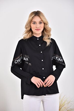 Hakim Yaka Kolu File Detaylı Baskılı Siyah Kadın Gömlek