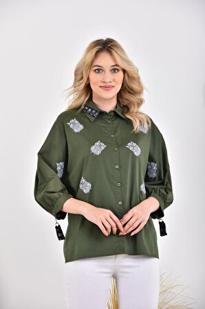 Kol Ağzı Fermuarlı Baykuş Baskılı Haki Kadın Gömlek