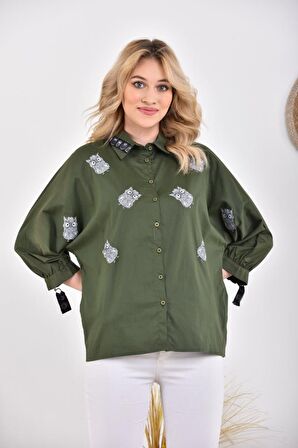 Kol Ağzı Fermuarlı Baykuş Baskılı Haki Kadın Gömlek